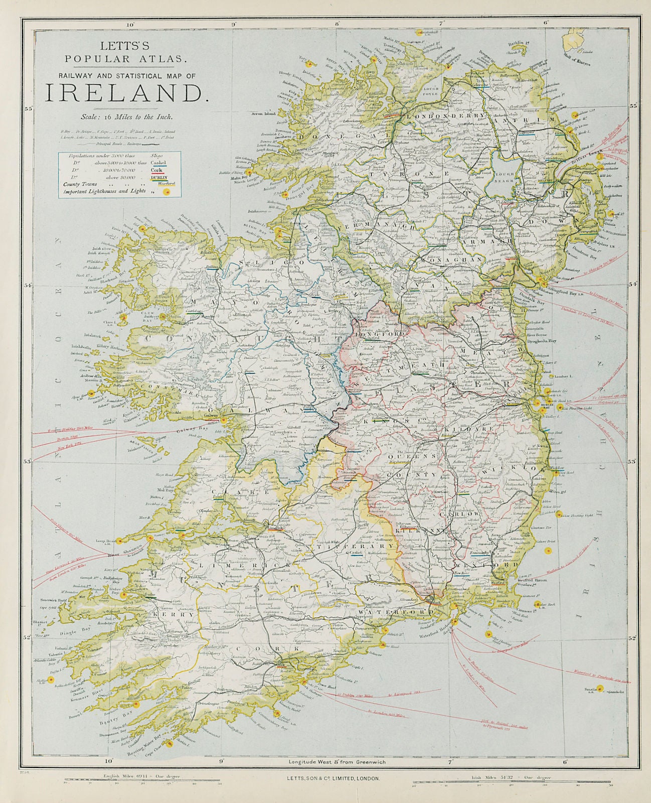 IRELAND. Showing roads, railways, counties & provinces. LETTS 1884 old map